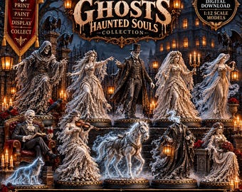 May include: A collection of 1:12 scale 3D printable STL models titled Ghosts Haunted Souls Collection. The set features various skeletal and ghostly figures, including a horse, a violinist, and figures in formal attire, all with intricate, tattered clothing details.