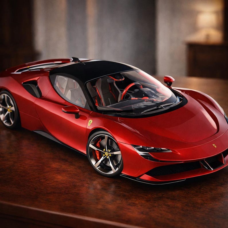 May include: A red scale model sports car featuring a black roof, silver and black wheels with yellow center caps, and a detailed interior visible through the windshield. The exterior body displays a yellow Ferrari emblem on the front fender.