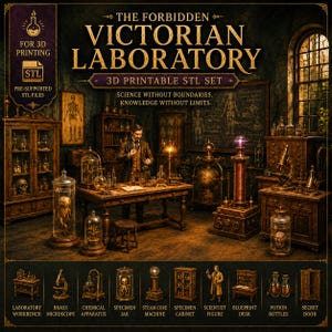 May include: A 3D printable STL set titled The Forbidden Victorian Laboratory featuring a scientist figure, laboratory workbench, brass microscope, chemical apparatus, specimen jars, steam core machine, cabinets, blueprint desk, potion bottles, and a secret door.