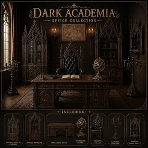 Paquete de muebles de oficina en miniatura estilo Dark Academia / Archivos STL góticos a escala 1:12 (Descarga digital)