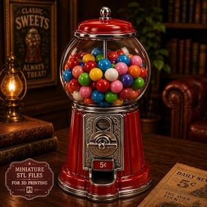 Puede incluir: Una máquina de chicles roja con un globo de cristal transparente lleno de chicles multicolores. La base cuenta con un mecanismo de monedas metálico con una etiqueta de 5 centavos y una trampilla. La tapa roja tiene un pomo plateado y la estructura está decorada con detalles metálicos plateados.