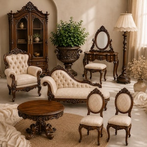 Puede incluir: Una colección de muebles de madera oscura que incluye un sillón capitoné, una chaise longue, dos sillas de respaldo ovalado, una mesa redonda con pedestal, un tocador con espejo ovalado y taburete, una vitrina alta y una gran urna decorativa.