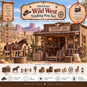 Può includere: Un set in download digitale di modelli in miniatura di un emporio del Far West in scala 1:12. Include un edificio in legno, un cavallo, un palo per legare i cavalli, un cartello, casse, barili, un abbeveratoio, sacchi, ruota e sedia.