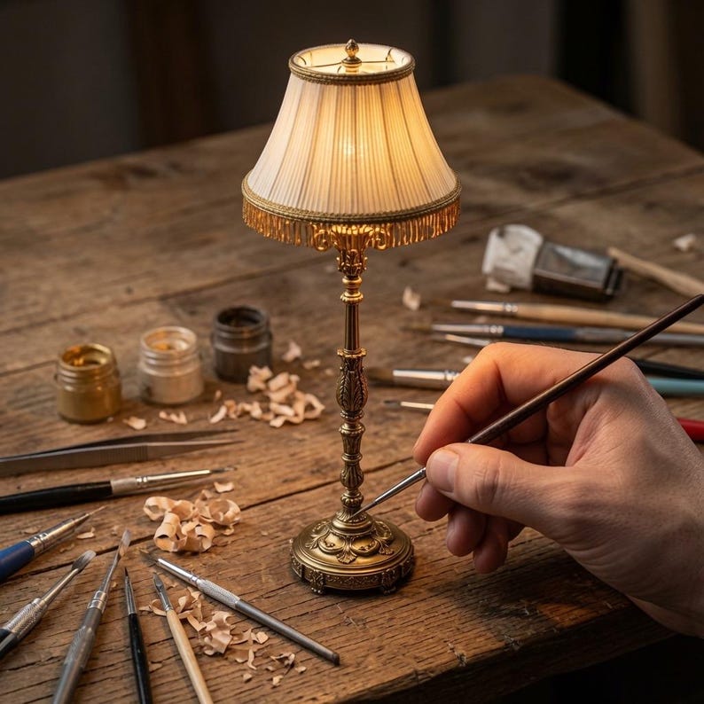 May include: A miniature table lamp with a tall, ornate, antique brass-coloured metal stand and a pleated, off-white fabric shade featuring a delicate gold fringe trim. The lamp emits a warm, soft glow, illuminating the surrounding workspace.