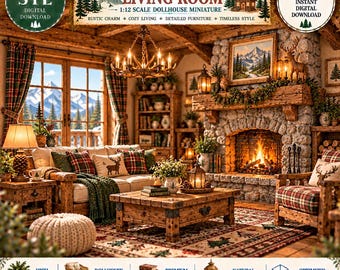 May include: A 1:12 scale dollhouse miniature living room set featuring a stone fireplace, wooden furniture, a chandelier, and plaid textiles. The digital download includes files for detailed furniture and decor with an alpine chalet theme.