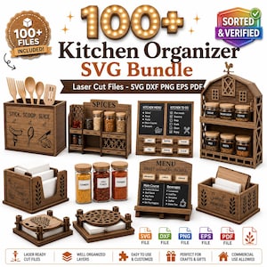 Peut inclure: Une collection numérique de plus de 100 fichiers de découpe laser pour organisateurs de cuisine aux formats SVG, DXF, PNG, EPS et PDF. L'ensemble comprend des modèles de porte-épices, menus, porte-ustensiles et boîtes à serviettes.