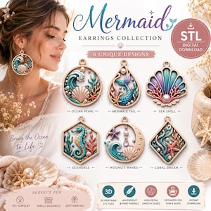 Może przedstawiać: Cyfrowa kolekcja do pobrania zawierająca sześć wzorów kolczyków z motywem syreny, w tym Ocean Pearl, Mermaid Tail, Sea Shell, Seahorse, Moonlit Waves i Coral Dream. Zestaw zawiera pliki STL do druku 3D do tworzenia biżuterii.