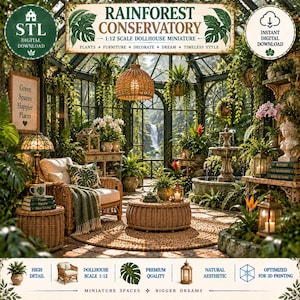 May include: A 1:12 scale dollhouse miniature rainforest conservatory digital download file. The image displays a detailed greenhouse interior with wicker furniture, a stone fountain, hanging plants, and a woven pendant light fixture.
