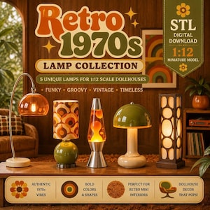May include: A collection of five miniature 1:12 scale lamps featuring a curved orange glass lamp, a patterned cylindrical lamp, an orange lava lamp, a green mushroom-style lamp, and a tall rectangular wooden lamp with circular cutouts.