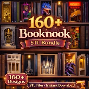 May include: A wooden bookshelf displays a collection of miniature booknook designs. The image features the text "160+ Booknook STL Bundle" and "160+ Designs". Various booknook models include a lighthouse, a dragon, and a Japanese-style shop.