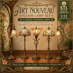 Puede incluir: Un conjunto de cinco lámparas de pie en miniatura para casas de muñecas a escala 1:12, con bases de metal color bronce y pantallas de vidrio tintado con motivos florales. El texto dice Art Nouveau Floor Lamp Set, 5 Unique Standing Lamps y STL Digital Download.