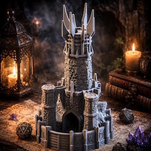 May include: A gray, multi-tiered stone tower model featuring a central spire with sharp, jagged peaks, a fortified base with arched entryways, and textured masonry walls. The structure is designed for tabletop gaming and includes intricate details.