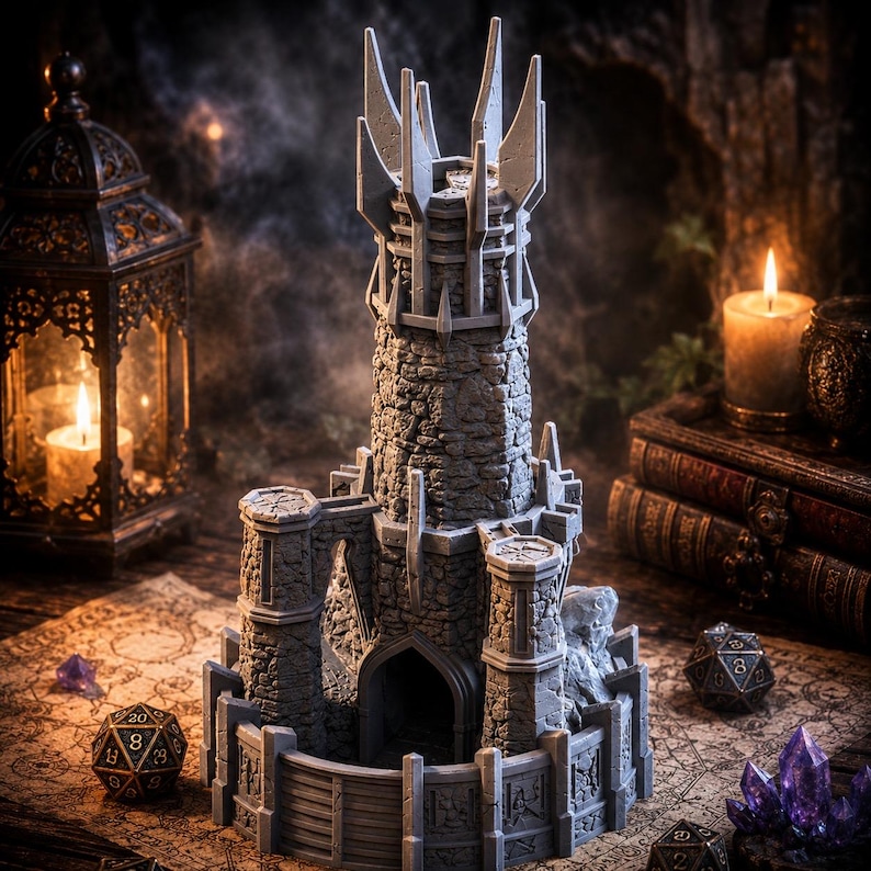 May include: A gray, multi-tiered stone tower model featuring a central spire with sharp, jagged peaks, a fortified base with arched entryways, and textured masonry walls. The structure is designed for tabletop gaming and includes intricate details.