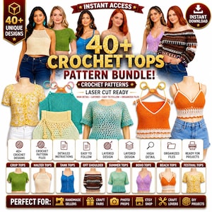Pacchetto di oltre 40 modelli di top all'uncinetto / Top corti estivi, bralette in formato PDF