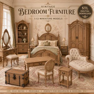 May include: A collection of 1:12 scale miniature bedroom furniture models including a bed, wardrobe, vanity with mirror, stool, bookshelf, chest, chair, and side tables. The text reads VINTAGE BEDROOM FURNITURE 1:12 MINIATURE MODELS STL DIGITAL DOWNLOAD.