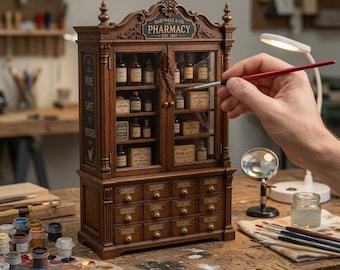 May include: A miniature wooden pharmacy cabinet with glass doors, shelves filled with small labeled bottles, and twelve drawers with brass pulls. The top features the text Hartwell & Co. Pharmacy Est. 1897, while the side displays Pure Safe Trusted.