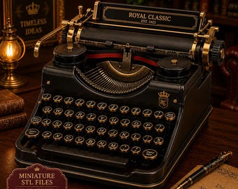 May include: A black and gold Royal Classic typewriter with the text Royal Classic Est. 1923 on the frame. The device features a QWERTY keyboard with circular keys, a carriage, and a ribbon spool. A small emblem with the letters RC is visible.