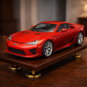 May include: A red Lexus LFA scale model car featuring silver multi-spoke wheels, a black mesh front grille, and clear headlights. The vehicle is displayed on a rectangular dark wood base supported by four circular gold-toned metal feet.