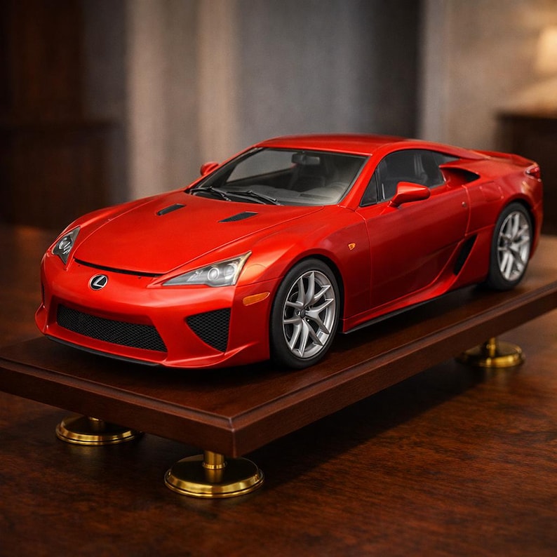 May include: A red Lexus LFA scale model car featuring silver multi-spoke wheels, a black mesh front grille, and clear headlights. The vehicle is displayed on a rectangular dark wood base supported by four circular gold-toned metal feet.