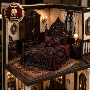 May include: A miniature dollhouse bedroom set featuring a dark wood bed frame with intricate carvings and a red rose motif, a matching wardrobe, a nightstand with a lamp, a vanity with a mirror, and a patterned rug with black and red bedding.