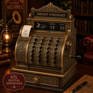May include: An antique-style brass cash register featuring ornate metal scrollwork, a manual hand crank, and a display showing 14 Dollars and 50 Cents. The device includes a paper receipt roll and a front drawer with a central knob handle.
