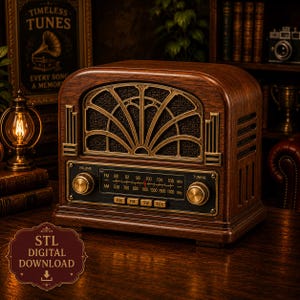 Op de afbeelding: Een houten radio met een donkerbruine afwerking, voorzien van een goudkleurig luidsprekerrooster met een boogvormig waaierontwerp. Het bedieningspaneel bevat twee gouden knoppen voor volume en afstemming, een frequentiedisplay en knoppen voor AM, FM, SW en AUX.