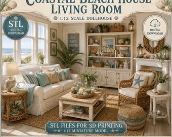 May include: A 1:12 scale dollhouse living room miniature model featuring a coastal theme. The set includes a sofa, wicker armchair, coffee table, bookshelf, and decor items. Text reads: Coastal Collection Coastal Beach House Living Room.
