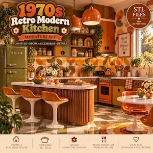 May include: A 1970s retro modern kitchen miniature set featuring a green refrigerator, orange stools, and patterned wallpaper. The set includes furniture, decor, and accessories for 3D printing, with text reading 1970s Retro Modern Kitchen.