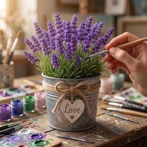 1:12 Lavender Flower Pot STL | Rustic Galvanized Bucket Planter (Digital Download)