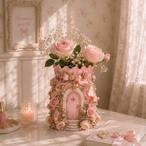 May include: A pink decorative vase shaped like a small house with a central door, adorned with sculpted roses and ribbons, containing a bouquet of light pink roses and baby's breath. The vase features intricate floral details and a small lantern.