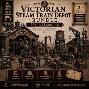 Könnte beinhalten: Ein Victorian Steam Train Depot Set mit über 20 detaillierten 3D-druckbaren Modellen im Maßstab 1:12. Das Set enthält einen Lokschuppen, eine Dampflokomotive, ein Ticketbüro, einen Wasserturm, ein Kohledepot und verschiedene Miniaturfiguren.