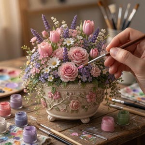 以下が含まれることがあります： エンボス加工された花柄の装飾的な陶器のプランターに、ピンクのチューリップ、バラ、紫のラベンダーの小枝が豪華にアレンジされています。筆を使って、ブーケの中央にあるピンクのバラの花びらに色を塗っている様子が描かれています。
