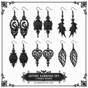 Gothic Earrings STL Bundle | 6 Unique Designs, Dark Floral, Snake, Bat Wing (Digital Download)