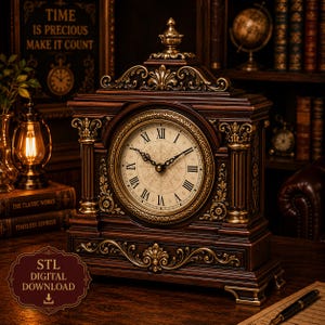 May include: A dark brown wooden mantel clock with ornate gold-toned accents, featuring a circular face with black Roman numerals and decorative hands. The clock has a central finial, fluted columns, and intricate scrollwork carvings.