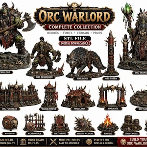 Könnte beinhalten: Eine digitale Sammlung von 3D-druckbaren Orc Warlord STL-Dateien mit Figuren wie einem Ork-Kriegsherr, Ork-Schamane, Kriegseber und verschiedenen Strukturen, darunter eine Ork-Festung, ein Wachturm, ein Kriegslager, ein Kriegstor, ein Schlachtfeld, ein Banner, eine Trommel, ein Waffenständer, ein Thron, ein Schild, ein Lagerfeuer, Beutekisten und eine Barrikade.