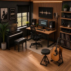 May include: A music production studio featuring a wooden desk with a computer monitor, speakers, and keyboard. A digital piano with a black bench, an acoustic guitar on a stand, a round stool, and shelving units with vinyl records are present.