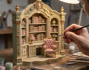 Victorian Library Nook STL Miniature Diorama | Dollhouse Bookshelf Reading Room (Digital Download)