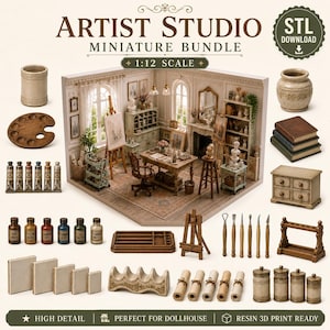 Può includere: Un set in miniatura di uno studio d'artista in scala 1:12 che include un diorama dettagliato di una stanza con mobili, un cavalletto e vari articoli per belle arti, tra cui tubetti di colore, barattoli, pennelli, tele, libri e una tavolozza.