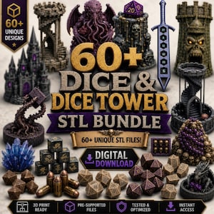 Lot de 60+ dés fantastiques et tour de dés | Accessoires de jeu RPG (téléchargement numérique)
