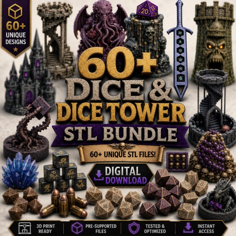 60+ Fantasy Dice & Dice Tower STL Bundle | RPG Gaming Props (Digital Download) image 1