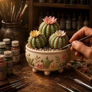 May include: Three green, spherical cacti with yellow, pink, and white flowers sit in a round, cream-colored ceramic pot decorated with embossed green cacti and colorful floral patterns. The pot features three small, rounded feet at the base.
