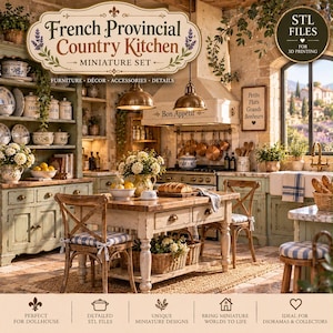 May include: A miniature French provincial country kitchen set featuring a wooden table with two chairs, a hutch filled with ceramic dishes, a stove with a range hood, and various kitchen accessories including baskets, plants, and cookware.
