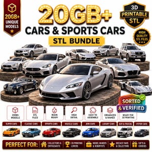 May include: A digital bundle of 3D printable STL files featuring a collection of various car and sports car models. The image displays multiple silver and colored vehicle renderings, along with text labels indicating 20GB+ of unique models.