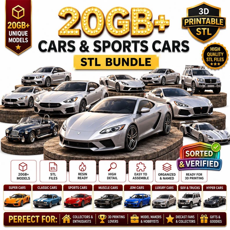 May include: A digital bundle of 3D printable STL files featuring a collection of various car and sports car models. The image displays multiple silver and colored vehicle renderings, along with text labels indicating 20GB+ of unique models.