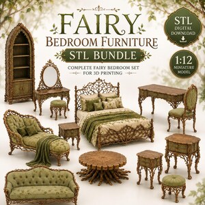 May include: A digital collection of 1:12 scale miniature fairy bedroom furniture models for 3D printing, including a bed, vanity, bookshelf, sofa, chaise lounge, tables, and stools, featuring intricate branch-like frames and green fabric.