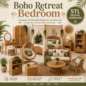Peut inclure: Un ensemble de meubles de chambre imprimables en 3D comprenant un lit à baldaquin avec rideaux en macramé, une armoire en rotin, un fauteuil suspendu, une coiffeuse, un canapé, une table basse, une étagère et des tables de chevet. Texte Boho Retreat Bedroom.