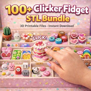 以下が含まれることがあります： ピンク色のディスプレイケースには、カラフルなクリッカーフィジェットのおもちゃが詰まっています。おもちゃには、サボテン、ウサギ、花、ケーキ、ハートの形が含まれています。「100+ Clicker Fidget STL Bundle」と「3D Printable Files - Instant Download」と書かれています。