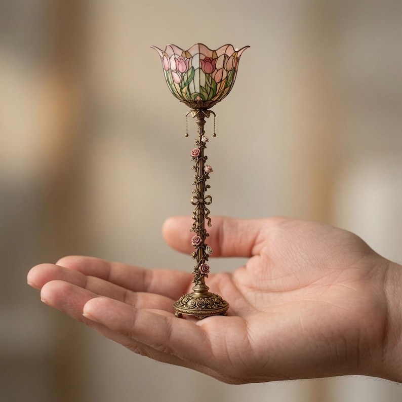May include: A miniature lamp featuring a tulip-patterned stained glass shade in shades of pink and green. The slender, antique-bronze-coloured metal stand is decorated with small sculpted roses and ribbons, resting on a circular, ornate base.