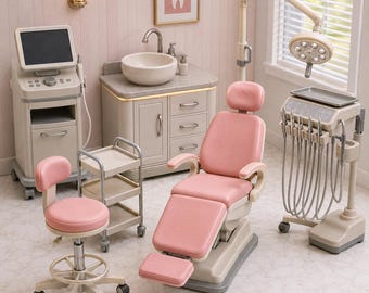 May include: A miniature dental office set featuring a pink reclining patient chair, a matching pink rolling stool, a beige cabinet with a sink, a mobile cart, a diagnostic monitor unit, and a dental instrument station with an overhead light.