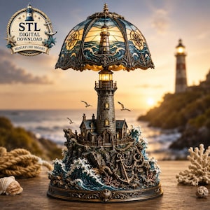 May include: A decorative lamp featuring a detailed lighthouse base on a rocky cliff with crashing waves, an anchor, and a stained-glass style shade depicting a lighthouse and compass rose. The lamp includes a badge labelled STL DIGITAL DOWNLOAD.